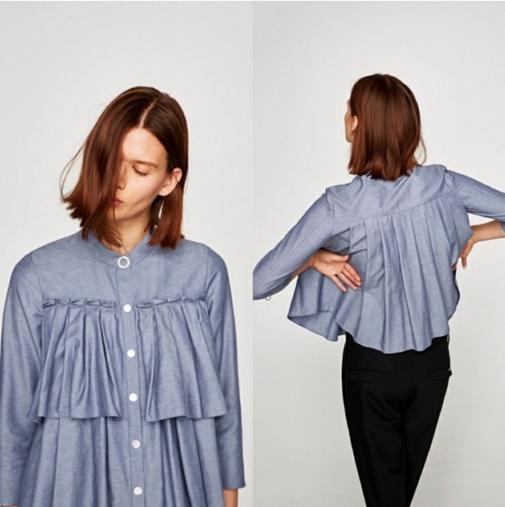 Zara pleated ruffle blouse blue small snap up